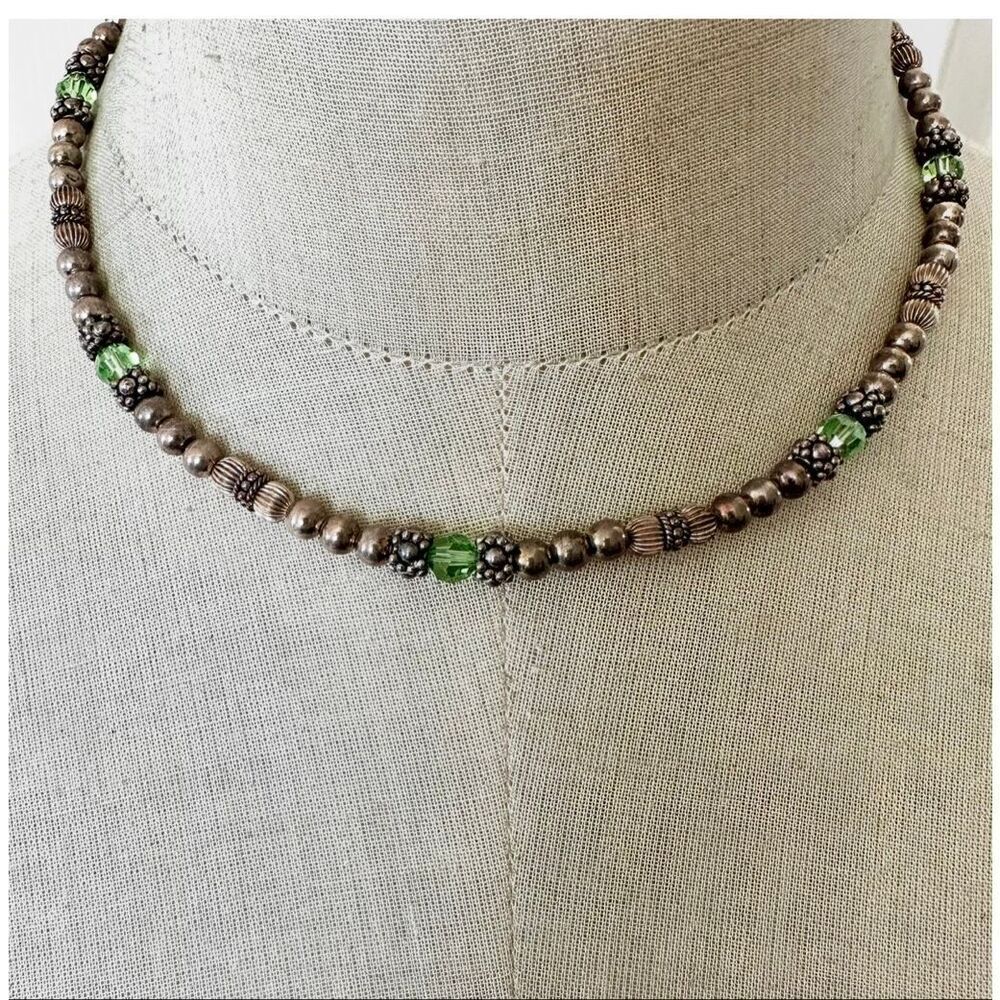 Sterling Silver Bali Bead Necklace Green Crystal Accent Toggle Clasp Artisan